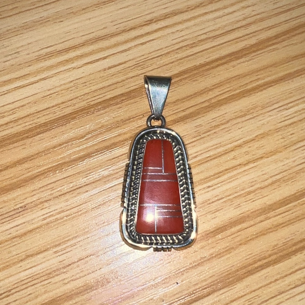 Native American Sterling Silver Stamped Pendant with Red Stone